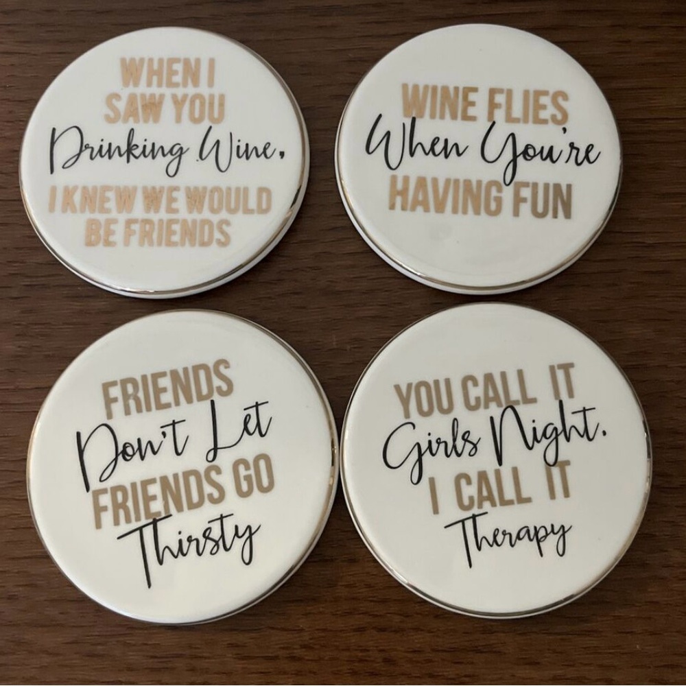 Wine Theme Witty Humor Friends White Ceramic Coasters Set of 4 Entertaining HTF